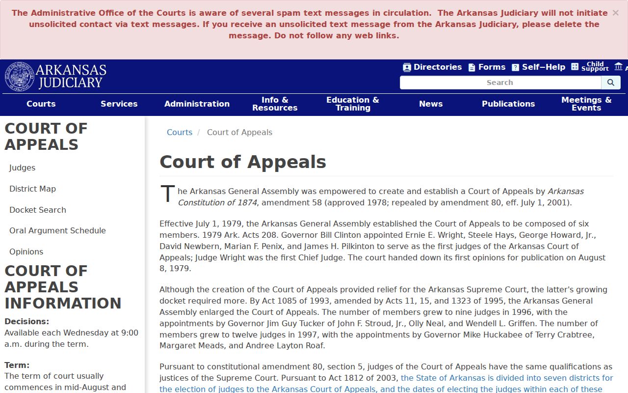 Pulaski County court dates Arkansas Court of Appeals