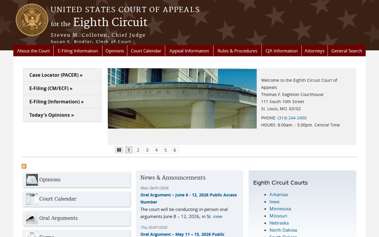 Pulaski County federal court date Eighth Circuit calendar