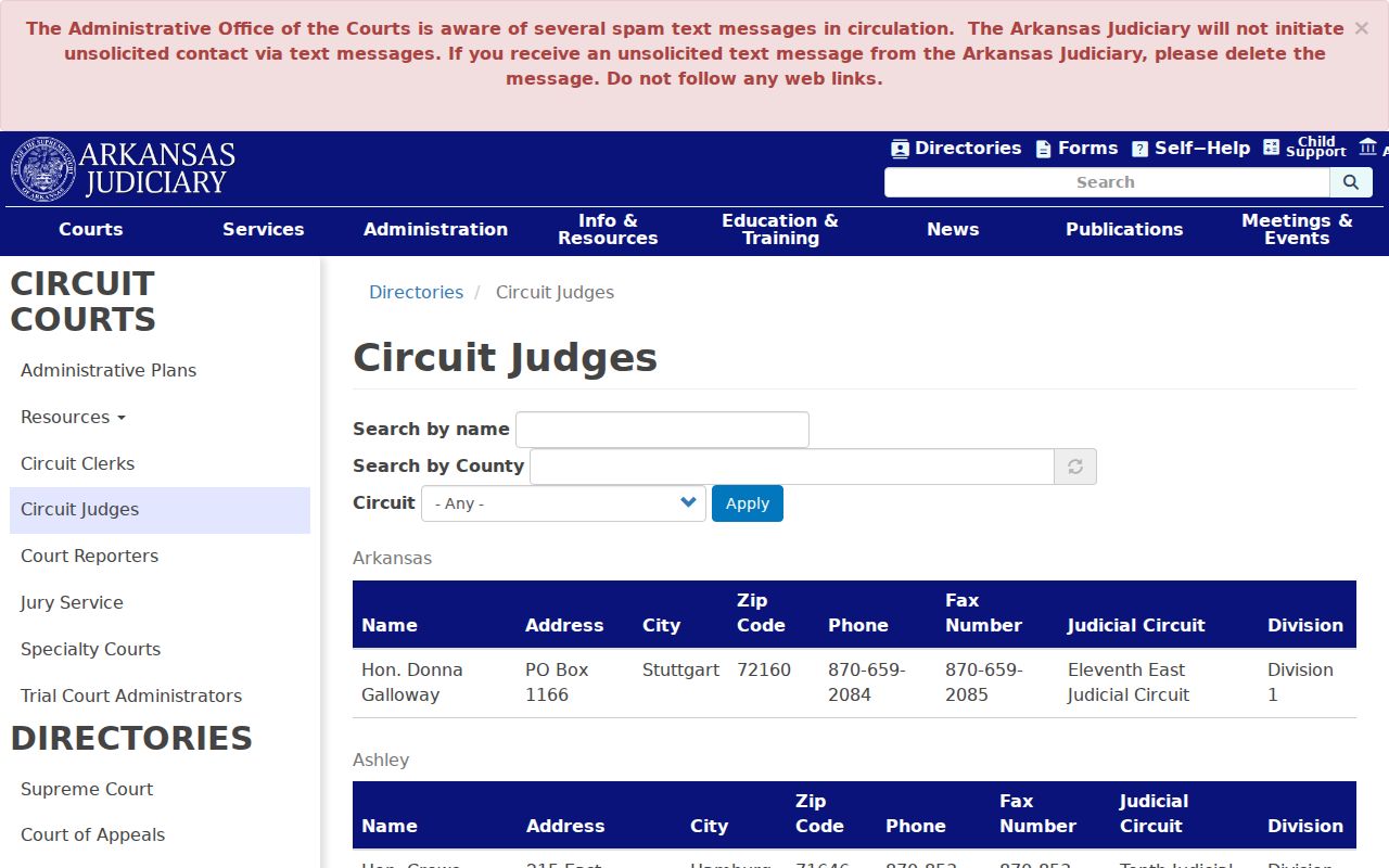 Pulaski County court calendar Circuit judges directory